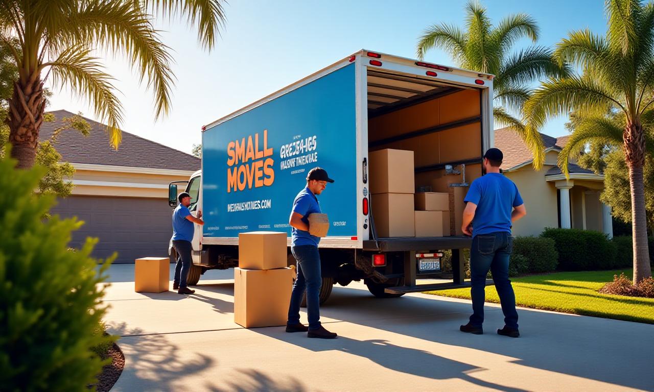 Professional movers loading a branded truck in a sunny Florida driveway