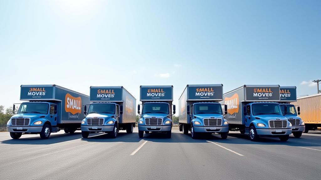 Lineup of Small Moves branded moving trucks, clean and ready for service.